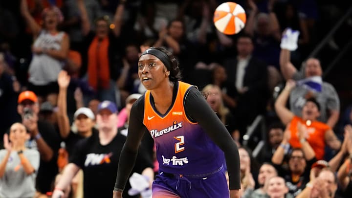 Phoenix Mercury guard Kahleah Copper (2) reacts after making a basket against the New York Liberty in the second half of Game One of the 2025 WNBA Playoffs first round at PHX Arena on Sept. 14, 2025.