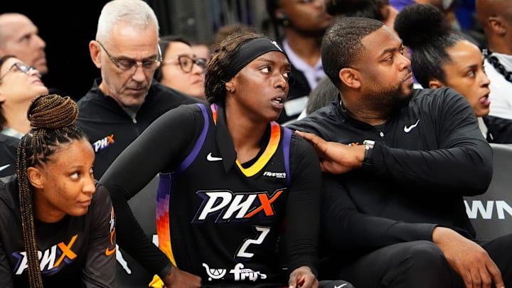 Phoenix Mercury guard Kahleah Copper (2) reacts after fouling out of the game against the Las Vegas Aces in Game Four of the WNBA Finals at Mortgage Matchup Center on Oct. 10, 2025, in Phoenix.