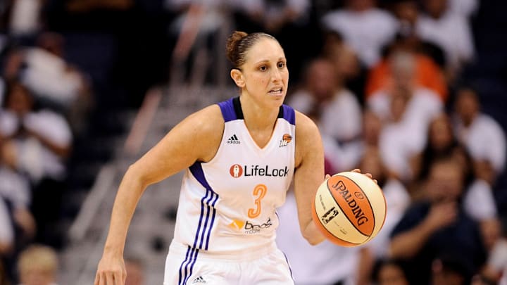 Sep 29, 2013; Phoenix, AZ, USA; Phoenix Mercury guard Diana Taurasi (3) dribbles the ball up the court against the Minnesota Lynx at US Airways Center. The Lynx defeated the Mercury 72-65. Mandatory Credit: Jennifer Stewart-Imagn Images