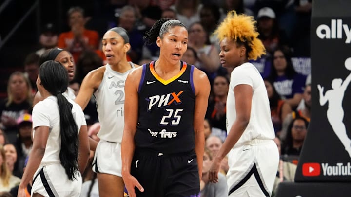 Phoenix Mercury forward Alyssa Thomas (25) reacts after a foul by the Las Vegas Aces in Game Four of the WNBA Finals at Mortgage Matchup Center on Oct. 10, 2025, in Phoenix. Phoenix Mercury forward Alyssa Thomas (25) reacts after a foul by the Las Vegas Aces in Game Four of the WNBA Finals at Mortgage Matchup Center on Oct. 10, 2025, in Phoenix.