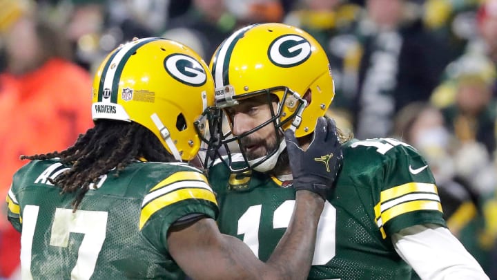 Green Bay Packers wide receiver Davante Adams (17) and quarterback Aaron Rodgers (12) celebrate a second quarter touchdown against the Cleveland Browns during their football game on Saturday December 25, 2021, at Lambeau Field in Green Bay, Wis. Wm. Glasheen USA TODAY NETWORK-Wisconsin

Apc Green Bay Packers Vs Browns 22106 122521wag