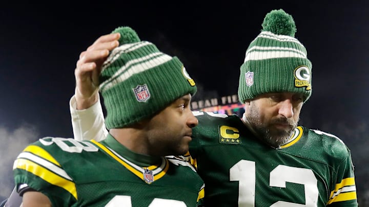 Green Bay Packers quarterback Aaron Rodgers (12) and wide receiver Randall Cobb (18) leave the field after losing to the Detroit Lions 20-16 during their football game on Sunday, January, 8, 2023 at Lambeau Field in Green Bay, Wis.
Wm. Glasheen USA TODAY NETWORK-Wisconsin Green Bay Packers quarterback Aaron Rodgers (12) and wide receiver Randall Cobb (18) leave the field after losing to the Detroit Lions 20-16 during their football game on Sunday, January, 8, 2023 at Lambeau Field in Green Bay, Wis.
Wm. Glasheen USA TODAY NETWORK-Wisconsin
