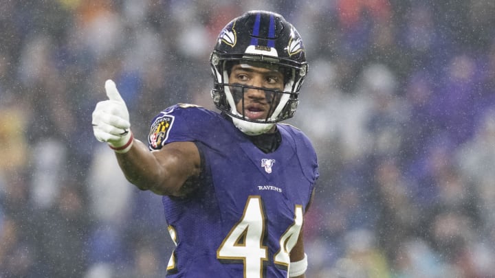 Dec 29, 2019; Baltimore, Maryland, USA;  Baltimore Ravens cornerback Marlon Humphrey (44) during the first quarter against the Pittsburgh Steelers at M&T Bank Stadium. Mandatory Credit: Tommy Gilligan-USA TODAY Sports