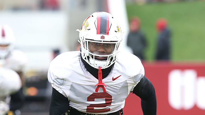 Iowa State Cyclones' defensive back T.J. Tampa (2) warms up during the university's Spring Football game at Jack Trice Stadium Saturday, April 22, 2023, in Ames, Iowa