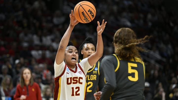 Mar 30, 2024; Portland, OR, USA; USC Trojans guard JuJu Watkins (12) passes the ball during her Sweet Sixteen win against the Baylor Bears.