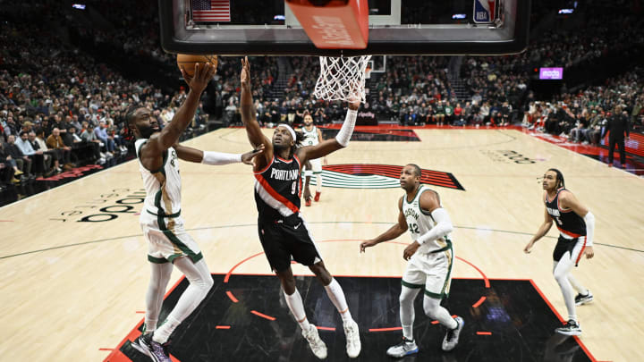 Mar 11, 2024; Portland, Oregon, USA; Portland Trail Blazers Jerami Grant defends the paint. Mar 11, 2024; Portland, Oregon, USA; Portland Trail Blazers Jerami Grant defends the paint.