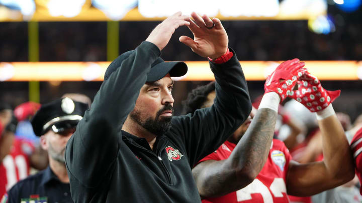 Dec 29, 2023; Arlington, Texas, USA; Ohio State Buckeyes head coach Ryan Day sings    Carmen Ohio    following the 14-3 loss to the Missouri Tigers in the Goodyear Cotton Bowl Classic at AT&T Stadium.