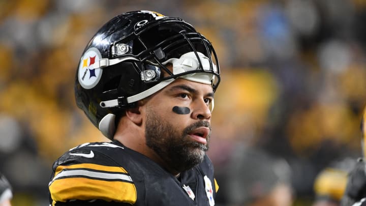 Nov 2, 2023; Pittsburgh, Pennsylvania, USA; Pittsburgh Steelers defensive end Cam Heyward watches the game against the Tennessee Titans during the second quarter at Acrisure Stadium.