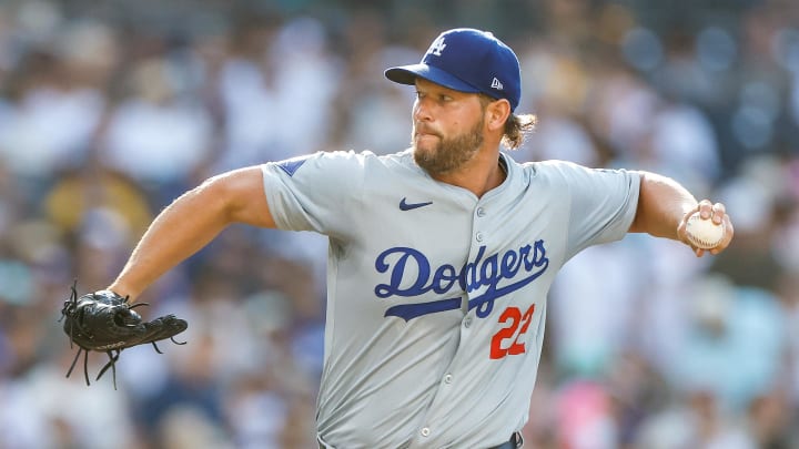 Jul 31, 2024; San Diego, California, USA; Los Angeles Dodgers starting pitcher Clayton Kershaw (22) pitches during the first inning against the San Diego Padres at Petco Park. Mandatory Credit: David Frerker-USA TODAY Sports