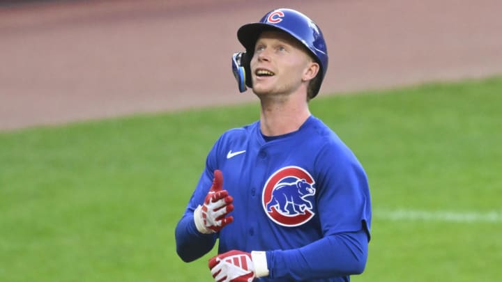 Aug 12, 2024; Cleveland, Ohio, USA; Chicago Cubs center fielder Pete Crow-Armstrong (52) celebrates his solo home run in the fourth inning against the Cleveland Guardians at Progressive Field.