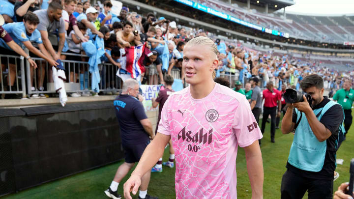 Aug 3, 2024; Columbus, OH, USA; Manchester City forward Erling Haaland (9) walks off the field after scoring three goals to beat Chelsea 4-2 during the FC Series game at Ohio Stadium.