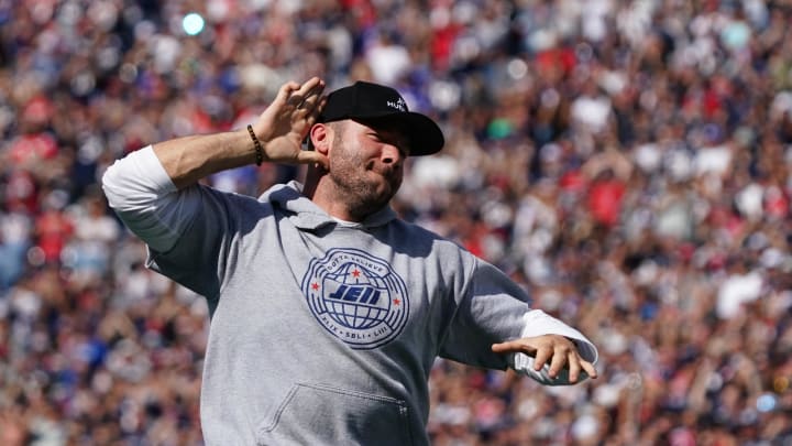 Sep 26, 2021; Foxborough, Massachusetts, USA; Former New England Patriots Julian Edelman is honored during halftime against the New Orleans Saints at Gillette Stadium.