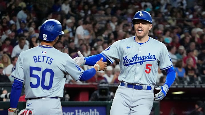 Los Angeles Dodgers Freddie Freeman (5) after hitting a two-run home run off Arizona Diamondbacks pitcher Eduardo Rodriguez (57) in the third inning at Chase Field in Phoenix on Monday, Sept. 2, 2024.