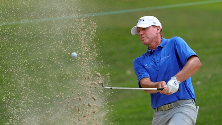 Steve Stricker hits a shot out of the sand trap at the Kaulig Companies Championship.