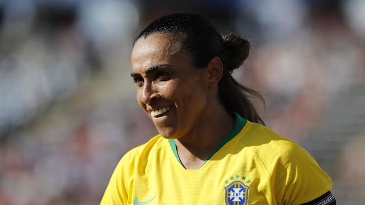 Brazil legend Marta getting ready to take on Japan at the SheBelieves Cup in 2018.