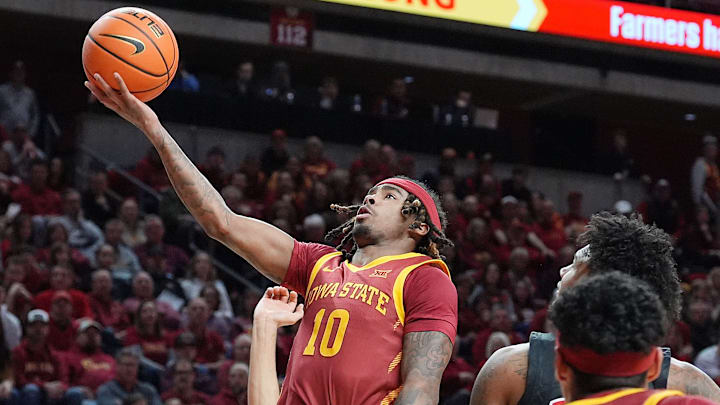 Iowa State Cyclones guard Keshon Gilbert (10) goes for a layup against Cincinnati during the first half in the Big-12 men’s basketball at Hilton Coliseum on Feb. 15, 2025 in Ames, Iowa. Iowa State Cyclones guard Keshon Gilbert (10) goes for a layup against Cincinnati during the first half in the Big-12 men’s basketball at Hilton Coliseum on Feb. 15, 2025 in Ames, Iowa.
