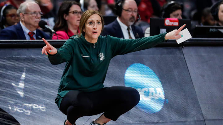 Michigan State head coach Robyn Fralick signals players before a play against North Carolina during the second half of NCAA tournament first round at Colonial Life Arena in Columbia, S.C. on Friday, March 22, 2024.