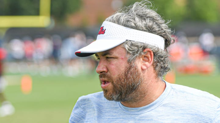 Ole Miss defensive coordinator Pete Golding watches football practice in Oxford, Miss., on Friday, Aug. 11, 2023.