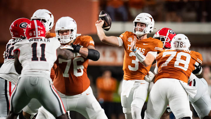 Oct 19, 2024; Austin, Texas, USA; Texas Longhorns quarterback Quinn Ewers (3) throws a pass in the fourth quarter of the game against the Georgia Bulldogs at Darrell K Royal-Texas Memorial Stadium. Mandatory Credit: Sara Diggins/USA TODAY Network via Imagn Images Oct 19, 2024; Austin, Texas, USA; Texas Longhorns quarterback Quinn Ewers (3) throws a pass in the fourth quarter of the game against the Georgia Bulldogs at Darrell K Royal-Texas Memorial Stadium. Mandatory Credit: Sara Diggins/USA TODAY Network via Imagn Images