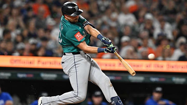 Seattle Mariners designated hitter Cal Raleigh hits a grand slam home run against the Detroit Tigers.