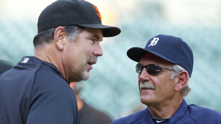 July 01, 2010; Detroit, MI, USA; San Francisco Giants manager Bruce Bochy (left) and Detroit Tigers manager Jim Leyland (right) before the game at Comerica Park. 