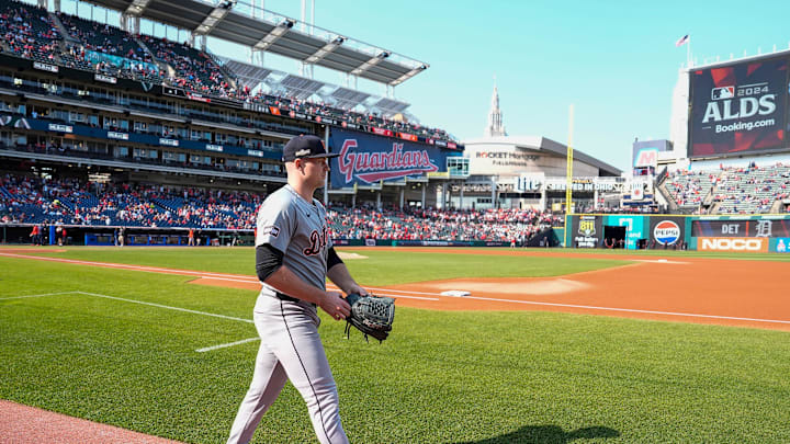 Detroit Tigers pitcher Tarik Skubal (29) takes the field for warm up at Game 5 of ALDS against Cleveland Guardians at Progressive Field in Cleveland, Ohio on Saturday, Oct. 12, 2024. Detroit Tigers pitcher Tarik Skubal (29) takes the field for warm up at Game 5 of ALDS against Cleveland Guardians at Progressive Field in Cleveland, Ohio on Saturday, Oct. 12, 2024.