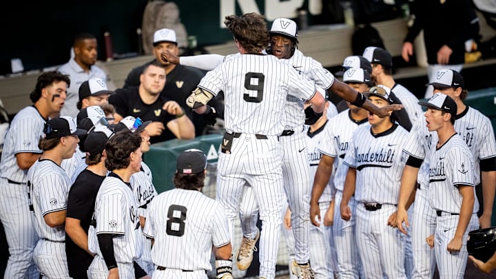 The Vanderbilt bench celebrates a home run by Vanderbilt's Brodie Johnston (9) during a college baseball game between Tennessee and Vanderbilt at Lindsey Nelson Stadium in Knoxville, Tenn., on May 9, 2025. The Vanderbilt bench celebrates a home run by Vanderbilt's Brodie Johnston (9) during a college baseball game between Tennessee and Vanderbilt at Lindsey Nelson Stadium in Knoxville, Tenn., on May 9, 2025.