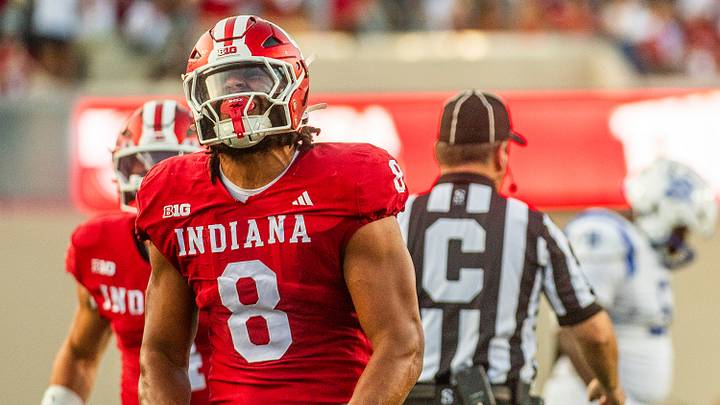 Indiana's Stephen Daley (8) celebrates during the Indiana versus Indiana State football game at Memorial Stadium on Friday, Sept. 12, 2025.