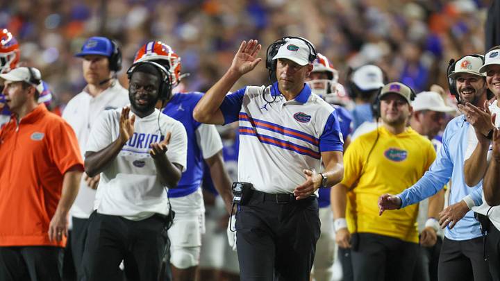 Florida head coach Jon Sumrall celebrates a score during the first half an NCAA football game at Steve Spurrier Field at Ben Hill Griffin Stadium in Gainesville, FL on Saturday, September 5, 2026. [Alan Youngblood/Gainesville Sun]