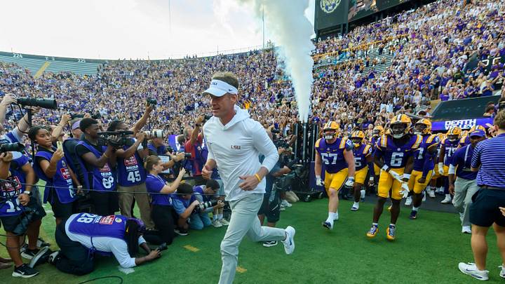 LSU football coach Lane Kiffin takes the field before his team's game against Louisiana Tech at Tiger Stadium on Sept. 12, 2026.