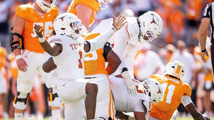 Texas defensive lineman Colin Simmons (1) celebrates after a sack of Tennessee quarterback Faizon Brandon (11) during their game at Neyland Stadium in Knoxville, Tenn. on Sept. 26, 2026.