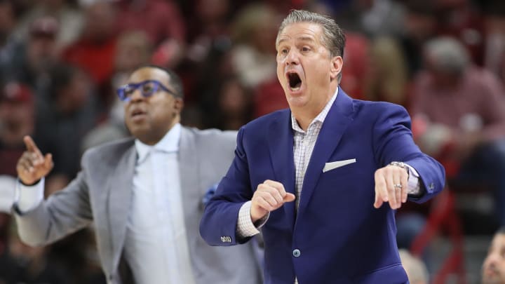 Former Kentucky Wildcats coach John Calipari during the first half against the Arkansas Razorbacks at Bud Walton Arena.