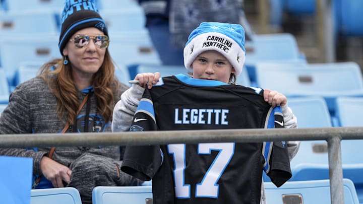 Dec 15, 2024; Charlotte, North Carolina, USA; A young Carolina Panthers wide receiver Xavier Legette (17) during pregame warmups against the Dallas Cowboys at Bank of America Stadium.