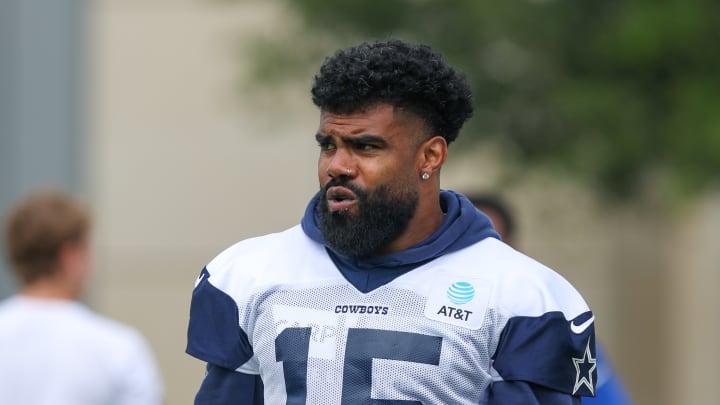 FRISCO, TX - MAY 22: Dallas Cowboys running back Ezekiel Elliott (15) takes the field during the Dallas Cowboys OTAs on May 22, 2024 at The Star in Frisco, TX.