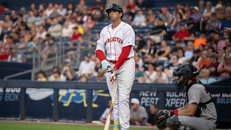 Red Sox first baseman Triston Casas adjusts his gloves during a rehab start at DH for the WooSox on Tuesday July 30, 2023.