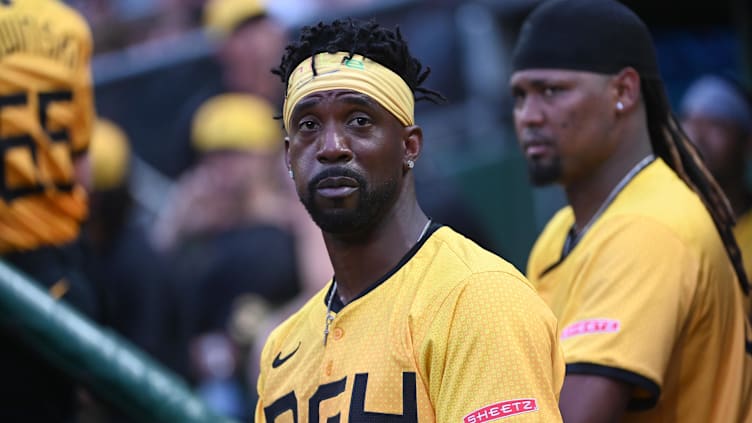 Jun 21, 2024; Pittsburgh, Pennsylvania, USA; The new Sheetz logo that is now on Pittsburgh Pirates jerseys is seen on Andrew McCutchen in a game against the Tampa Bay Rays at PNC Park. Mandatory Credit: Philip G. Pavely-USA TODAY Sports