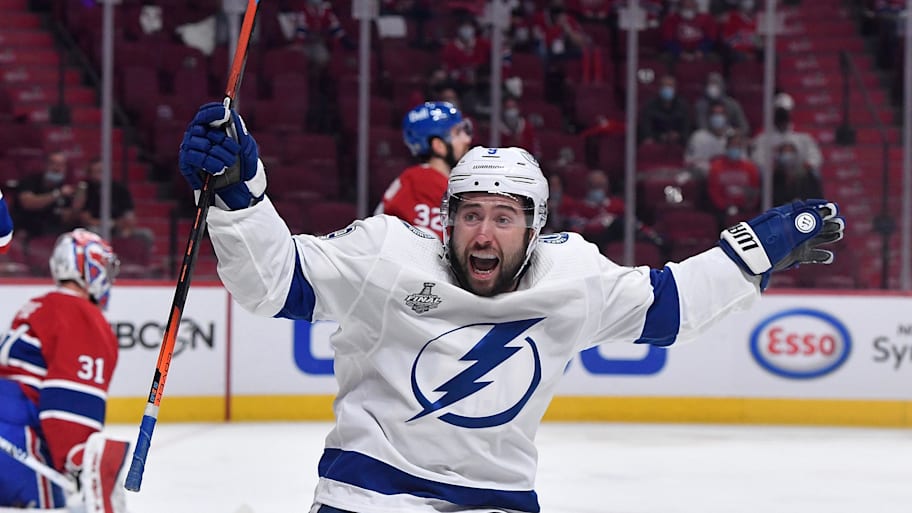 Tyler Johnson celebrates a goal during the 2021 Stanley Cup Final. | Eric Bolte-Imagn Images