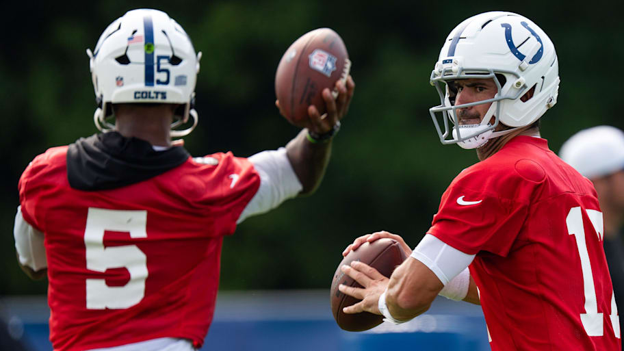Indianapolis Colts quarterbacks Anthony Richardson and Daniel Jones throw passes during practice. | Mykal McEldowney/IndyStar / USA TODAY NETWORK via Imagn Images