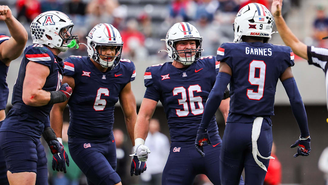 Nov 22, 2025; Tucson, Arizona, USA; Arizona Wildcats linebacker Dominic Hanger (36) celebrates during the fourth quarter of the game of the game against the Baylor Bears at Casino Del Sol Stadium. Mandatory Credit: Aryanna Frank-Imagn Images