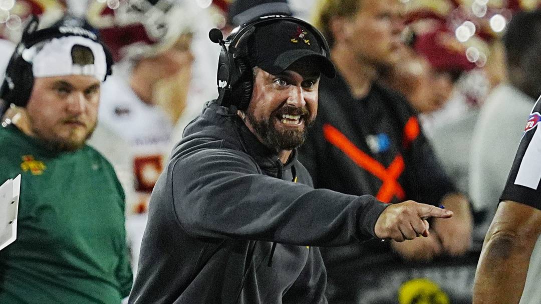 Iowa State football coach Jimmy Rogers reacts to an official's call during the third quarter of the Cy-Hawk Series football game against Iowa at Kinnick Stadium on Sept. 12, 2026, in Iowa City, Iowa.