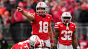Ohio State Buckeyes quarterback Will Howard (18) signals to his offense during the second half 
