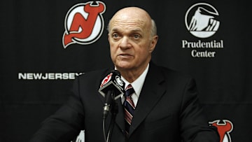Jan 8, 2010; Newark, NJ, USA; New Jersey Devils CEO, president, and general manager Lou Lamoriello speaks at a press conference following the game against the Tampa Bay Lightning at the Prudential Center. The game was postponed with 9:12 left in the 2nd due to a lighting problem with the Lightning leading 3-0.  Mandatory Credit: Ed Mulholland-Imagn Images