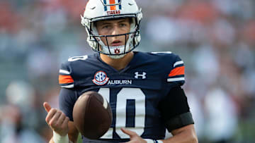 Auburn Tigers quarterback Zach Calzada (10) during warm-ups before Auburn Tigers take on the Mercer Bears at Jordan-Hare Stadium in Auburn, Ala., on Saturday, Sept. 3, 2022.