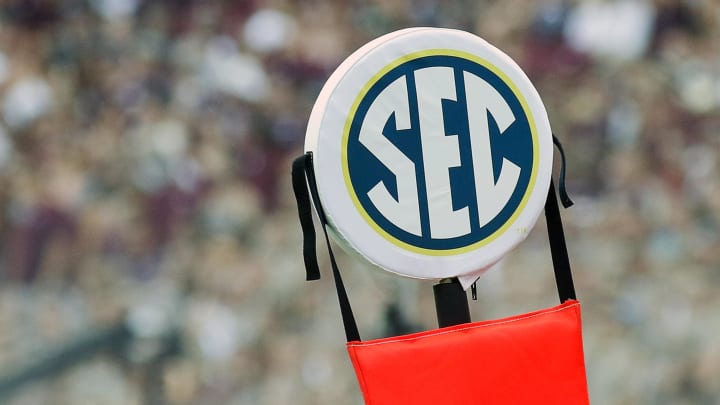 The SEC logo on the first-down chains during a football game. Oklahoma will become an official member of the SEC on July 1.