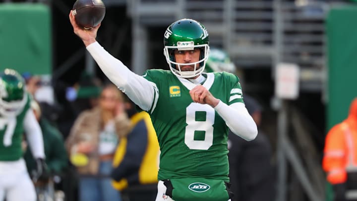 Jan 5, 2025; East Rutherford, New Jersey, USA; New York Jets quarterback Aaron Rodgers (8) throws a pass during pregame warmups for their game against the Miami Dolphins at MetLife Stadium. Mandatory Credit: Ed Mulholland-Imagn Images Jan 5, 2025; East Rutherford, New Jersey, USA; New York Jets quarterback Aaron Rodgers (8) throws a pass during pregame warmups for their game against the Miami Dolphins at MetLife Stadium. Mandatory Credit: Ed Mulholland-Imagn Images