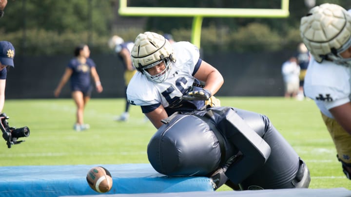 Charles Jagusah OL of the Fighting Irish at football practice at the Irish Athletic Center at Notre Dame on Tuesday August 1, 2023.