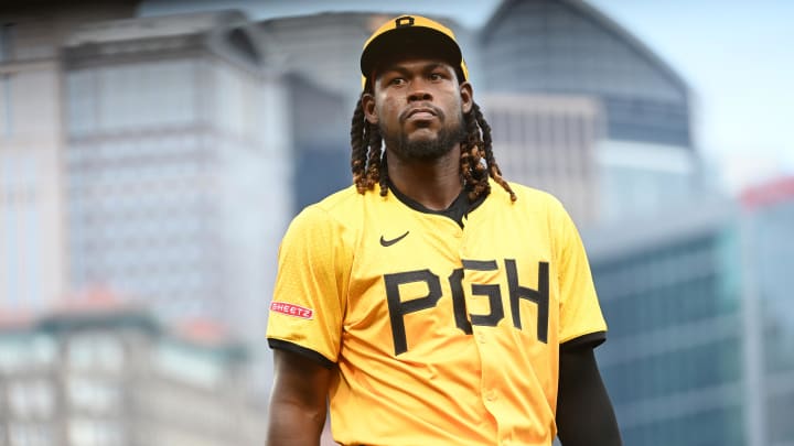 Jun 21, 2024; Pittsburgh, Pennsylvania, USA; The logo for Sheetz is now on the uniforms of Pittsburgh Pirates players including shortstop Oneil Cruz seen here against the Tampa Bay Rays at PNC Park. Mandatory Credit: Philip G. Pavely-USA TODAY Sports