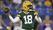 Aug 15, 2019; Baltimore, MD, USA; Green Bay Packers quarterback Manny Wilkins (18) throws during the second half against the Baltimore Ravens at M&T Bank Stadium. Mandatory Credit: Tommy Gilligan-Imagn Images