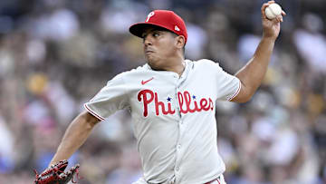 Jul 11, 2025; San Diego, California; Philadelphia Phillies starting pitcher Ranger Suarez (55) delivers during the first inning against the against the San Diego Padres at Petco Park. 