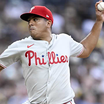Jul 11, 2025; San Diego, California; Philadelphia Phillies starting pitcher Ranger Suarez (55) delivers during the first inning against the against the San Diego Padres at Petco Park. 